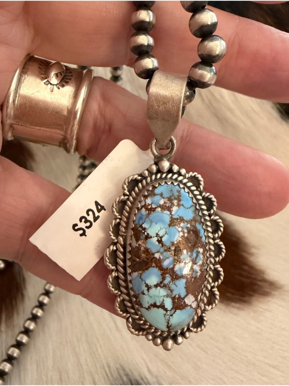 ❤️ Golden Hills Turquoise Pendant Matte Sterling Statement Pendant 2.05”L Unisex